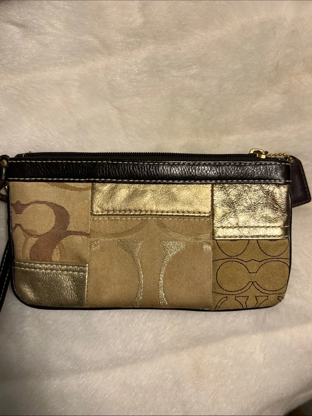 Coach Gold and Tan Patchwork Signature Wristlet